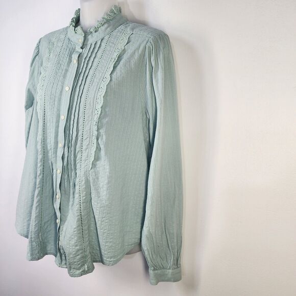 Loft Womens Blouse Medium Mint Green Lace Pleated Button Down Textured Long Slv - Picture 5 of 9